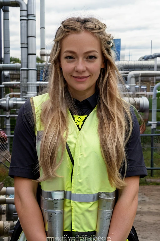 <lora:Cherry_Healey:1> masterpiece, best quality, detailed face, 1girl, solo, realistic, c1873h, long blonde hair, in a safety vest standing in front of a factory with pipes and piping, building, city, cityscape, smiling, photo_\(medium\), photo_background, real_world_location, realistic, shirt, skyscraper