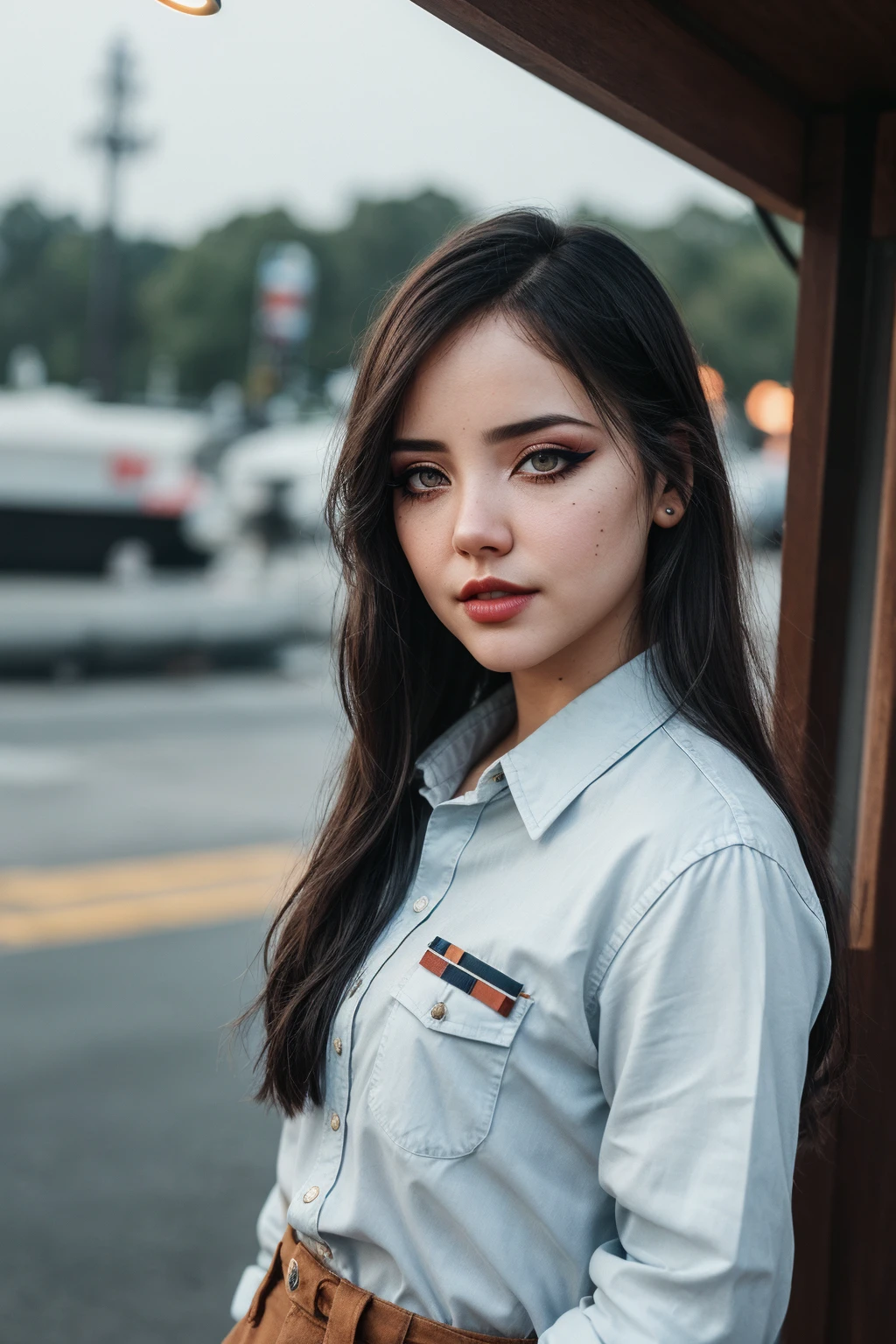 photo of (EPM1rn4V3g4s:0.99), closeup portrait, perfect hair, tied back hair, (modern photo, Button-up shirt, high-waisted pants, loafers), 24mm, (vintage, film grain:1.3), (([colleges and universities, polycarbonate roofing roof,serpentine stone,fiber cement siding,terracotta, bollard lights,bio-luminescent algae, bar lighting| pirate ship], gradient:1.1)), ((detailed eyes)), (((eyeliner:1.3), long lashes)), (epicPhoto), long eyelashes, (perfect waist), (painted lips)