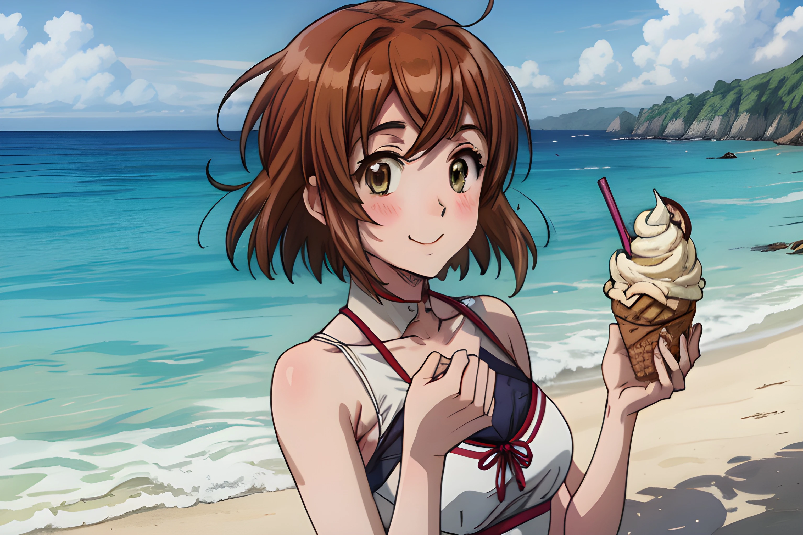 highres, perfect anatomy, nice hands, perfect hands, solo, HinakoKominato, short hair, brown hair, brown eyes, white swimsuit, tiny breasts, looking at viewer, blush, cute smile, sunbathing, on a beach, ocean, sparkling water, sunny weather, summer, midday, beach tower, bowl of ice cream, dynamic angle, <lora:more_details:1>,