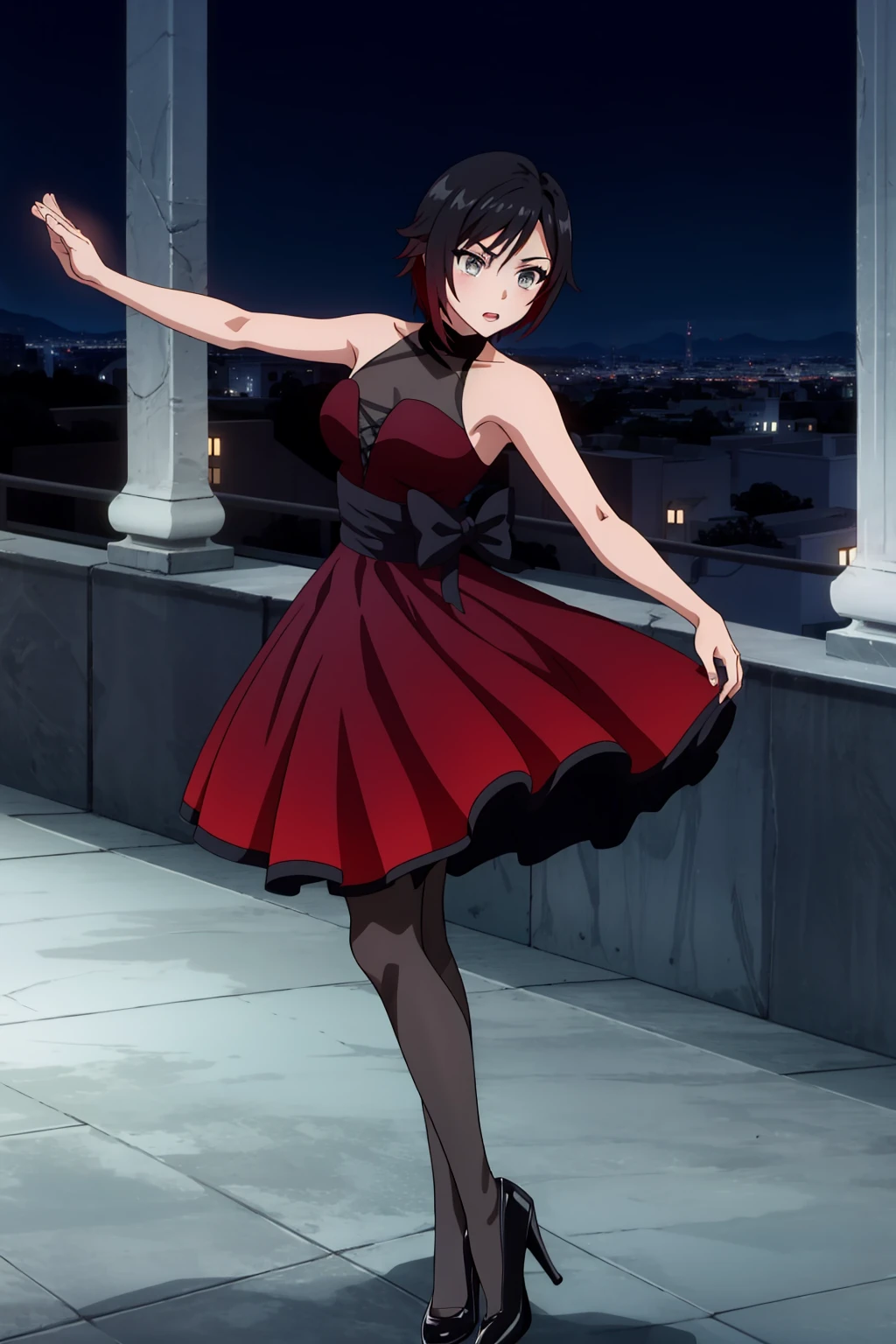 solo,  <lora:RubyDance2-05:1>, ddirose,ruby rose, grey eyes, black hair,gradient hair, dress, pantyhose, high heels, bow, dancing, ballroom, night, distant city