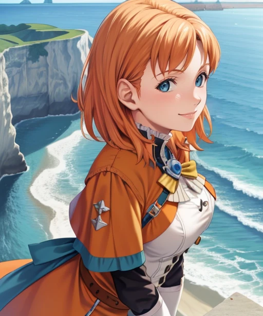 portrait, (adult woman), (1girl, solo), smile, (orange hair), ((coast, bay, cliffs, ocean)), (distant castle on a cliff), ((best quality, high detail)), ((masterpiece)), <lora:Annette_FE:0.7> (annette_war), medium hair, caplet, gloves, dress, <lora:1_koutaro:1>