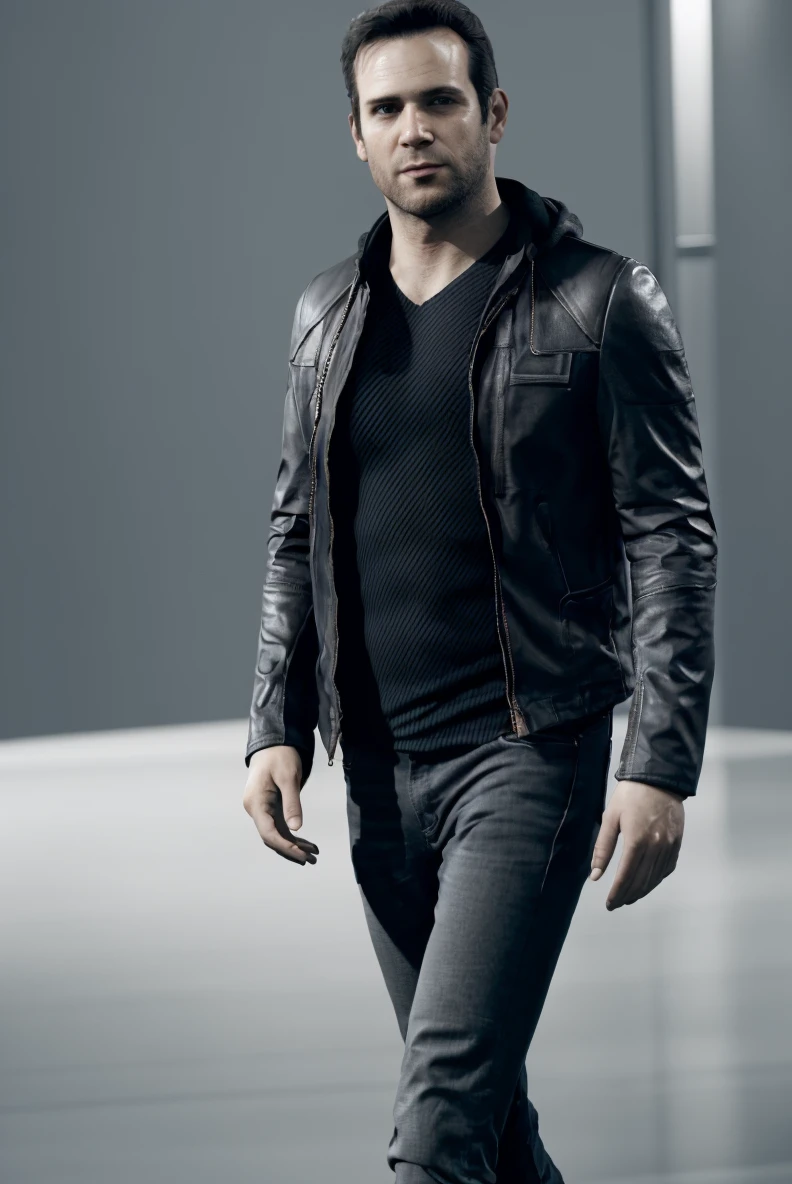 (RAW photo), <lora:GavinReed - Ace:0.7>, gavinreed, jacket, black shirt, jeans, gray background, walking, 1boy, solo