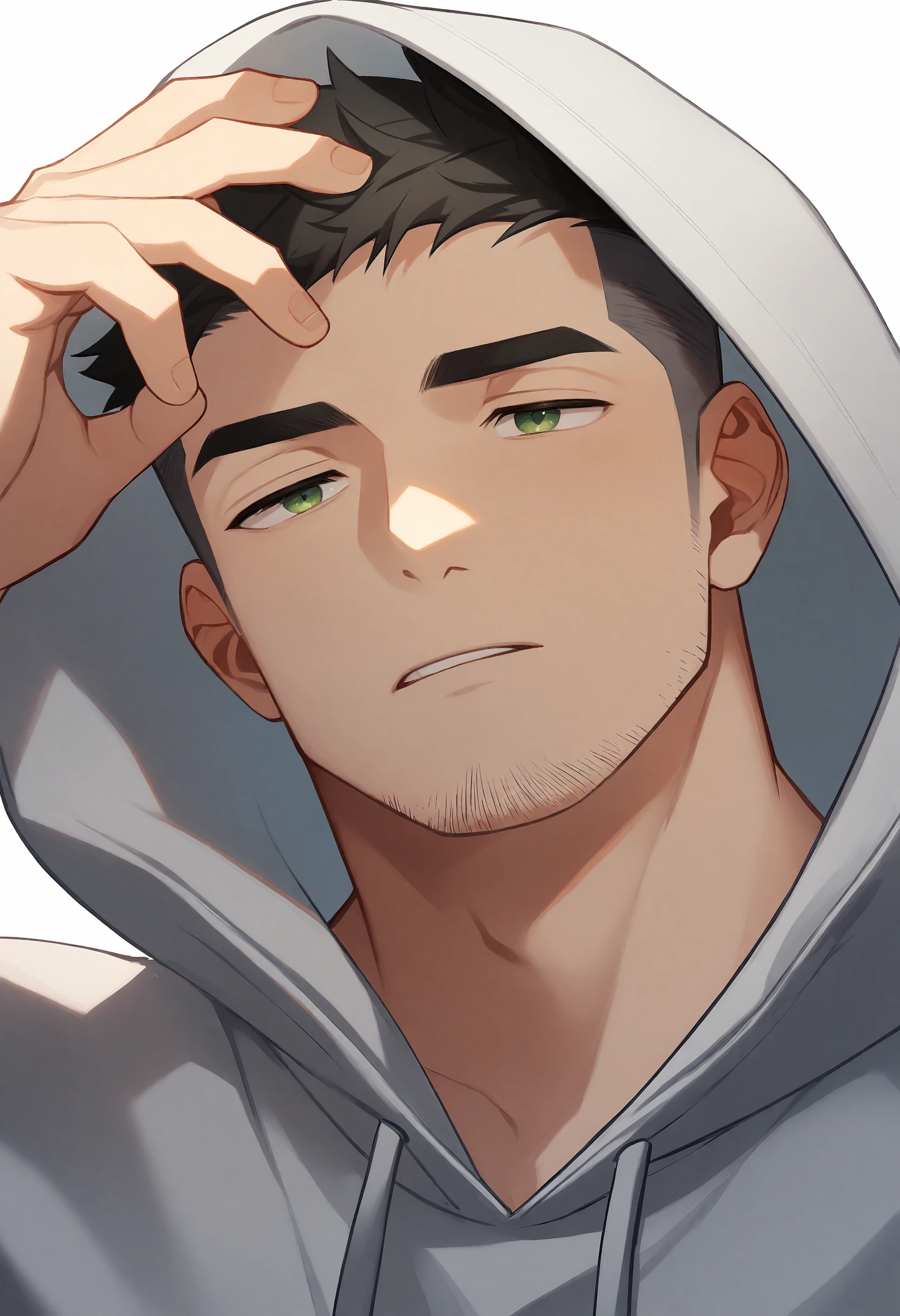 1boy, solo, male focus, hoodie, grey hoodie, hood, hood up, close-up, sleepy, short hair, bara, undercut, stubble, black hair, green eyes, parted lips, white background, simple background, best quality, amazing quality, best aesthetic, absurdres, year 2023