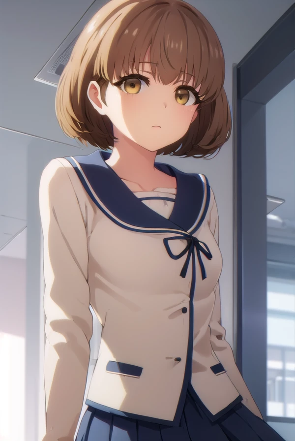 kimiekamata, <lora:kimie kamata s1-lora-nochekaiser:1>,
kimie kamata, short hair, brown hair, hair ornament, (brown eyes:1.5),
BREAK skirt, long sleeves, school uniform, pleated skirt, serafuku,
BREAK indoors, classroom,
BREAK looking at viewer, (cowboy shot:1.5),
BREAK <lyco:GoodHands-beta2:1>, (masterpiece:1.2), best quality, high resolution, unity 8k wallpaper, (illustration:0.8), (beautiful detailed eyes:1.6), extremely detailed face, perfect lighting, extremely detailed CG, (perfect hands, perfect anatomy),