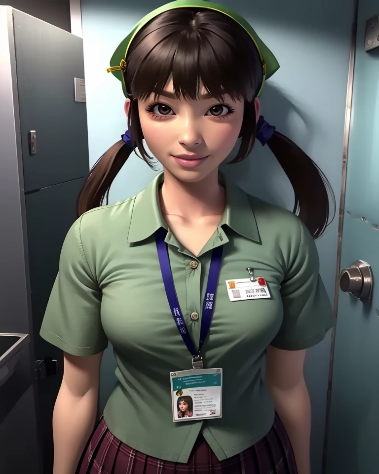 Ono,black eyes,brown hair,twintails bangs,
green buttoned  shirt,small name tag,hair bandana,short sleeves,pleated skirt,
standing,upper body,nervous smile,
public restoom,
(insanely detailed, beautiful detailed face, masterpiece, best quality),solo,<lora:OnoHana:0.8>,