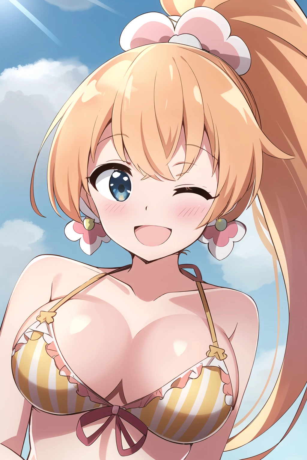 <lora:seashore_kai:1>, close-up, bikini, bra, smile, earrings, open mouth, light blush, sky background, cloud, happy, hairband, masterpice, best quality, high quality, detalied, 8k, HDR, absurdres, highres, beautiful,long ponytail, one eye closed,