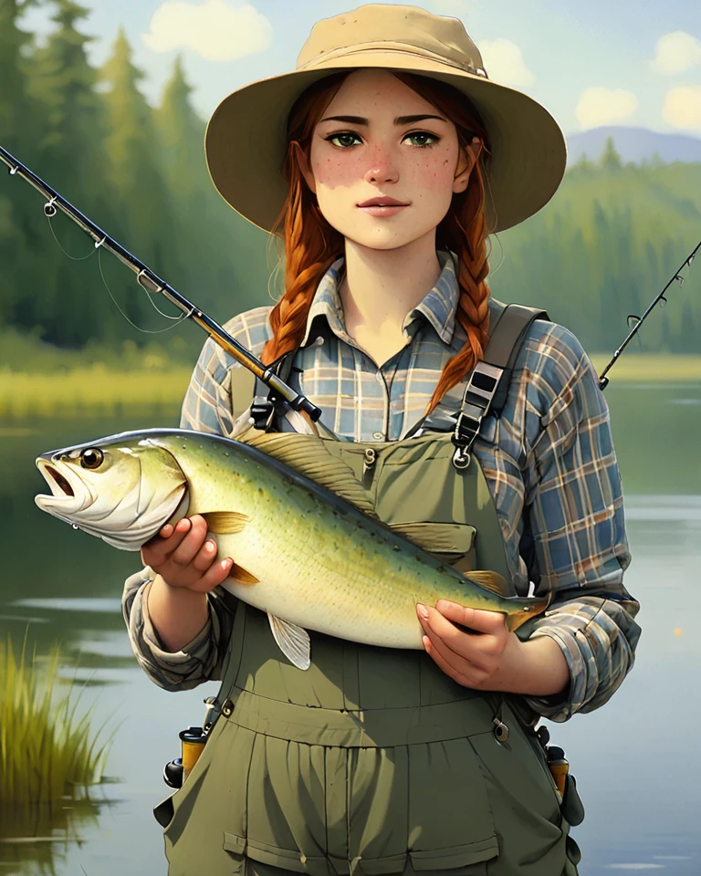 woman on a fishing trip \nby onche_ondulay\n<lora:onche_ondulay_Style_XL:1>