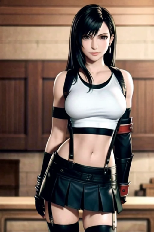 (masterpiece:1.2), best quality, masterpiece, highres, original, extremely detailed wallpaper, perfect lighting,(extremely detailed CG:1.2), drawing, paintbrush, 1girl, 3d, arm guards, black legwear, black skirt, blurry, blurry background, blurry foreground, breasts, crop top, depth of field, earrings, elbow gloves, elbow pads, fingerless gloves, gloves, jewelry, long hair, midriff, navel, skirt, solo, standing, suspender skirt, suspenders, tank top, taut clothes, taut shirt, thighhighs, tifa lockhart, white tank top, zettai ryouiki, <lora:tifa:0.6>