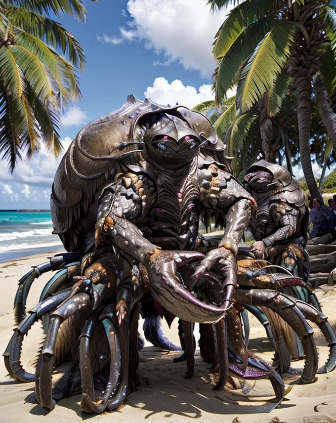 garthim, giant bug, large shell, crab legs, claws, full body, at the beach tropical, ocean view, <lora:Garthim_Dark_Crystal:1>
