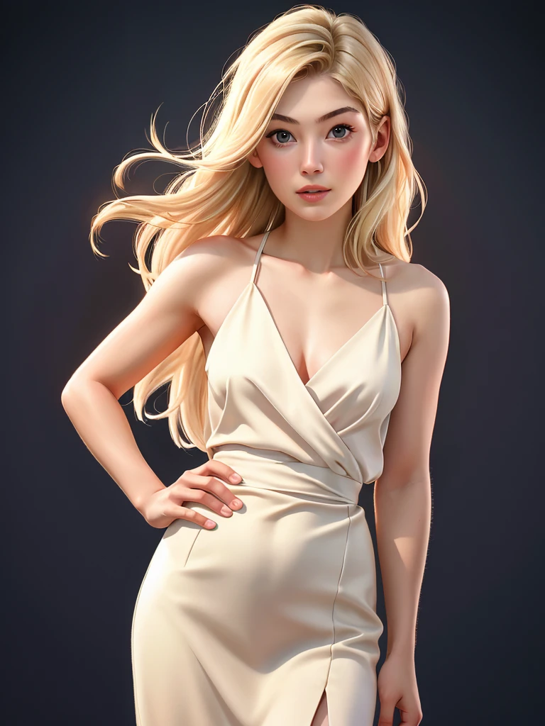 Realistic photo of a beautiful,1girl,solo,long hair,blonde hair,simple background,dress,bare shoulders,lips,hand on hip,realistic, soft lighting, professional Photography, Photorealistic, detailed, RAW, analog, sharp focus, 8k, HD, high quality, masterpiece<lora:r0s4mundp:1.0>
