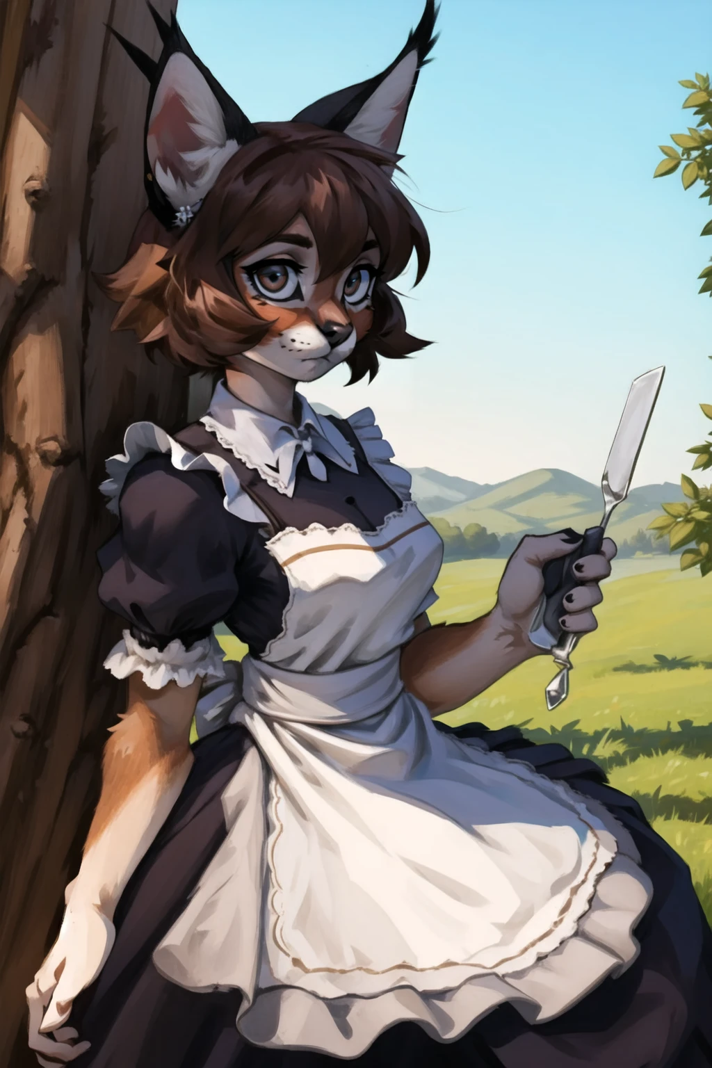 masterpiece, best quality, looking at viewer, outdoors
furry girl,maid,brown hair,caracalcat,caracal,ningmao,
<lora:Caracal:0.65>