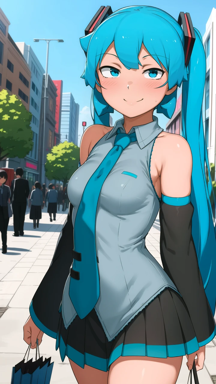 (masterpiece, best quality:1.2), (1girl:1.12), Hatsune Miku, twintales, very long hair, smile, grey shirt, skirt, detached sleeves, necktie, cute, looking at viewer, walking, outdoors, city, day, shopping for clothes, (blush:1.06), (smirk:1.04), solo, blue hair, arousing