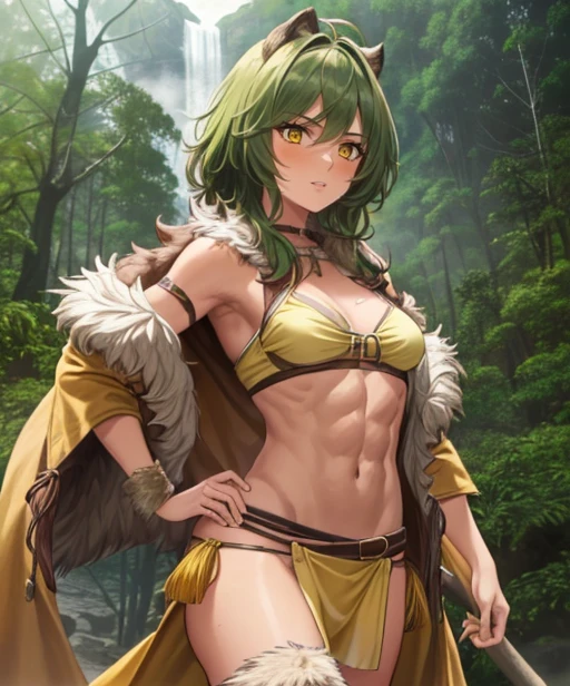 (adult woman), (1girl, solo), walking, ((cavewoman, loincloth, fur clothes)), dirty, small breasts, muscular, abs, (green hair, messy hair), (yellow eyes), ((primordial earth, jungle, volcano)), (yellow sky), ((best quality, high detail)), ((masterpiece)),  <lora:1_yamakazeran:1>