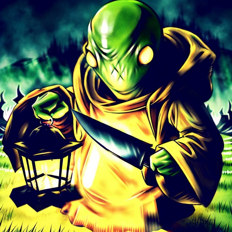 hyperealistic photo of tonberry ((horror villian)),holding knife and lantern,<lora:tonberryv3:1>, eerie, spectral, foreboding, haunting, sinister, macabre, menacing, cacophonous, ghastly, chilling, unsettling, shadows, creaking, dreadful, gruesome, desolate, phantom, dimly lit, cursed, misty