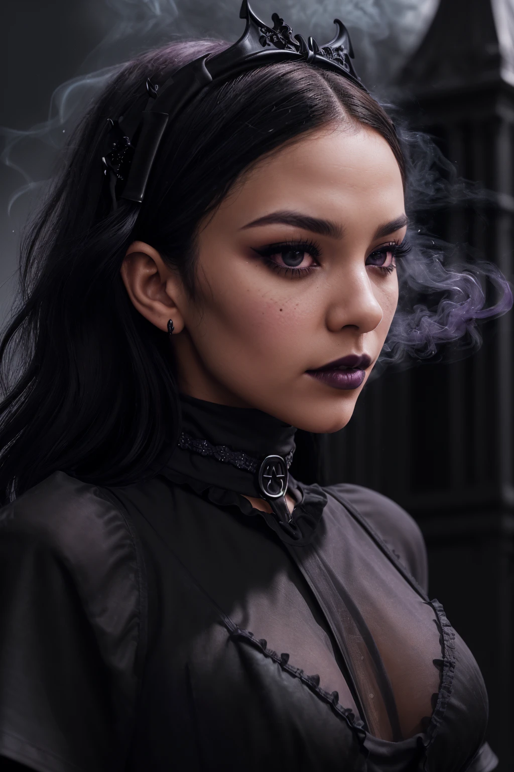 (EXTREME CLOSE-UP SHOT:1.6) Tower-of-Doom-Saphira (gothic Eyes, (gothic eyeliner) gothic lisptick, (gothic eye shadow):1.2) ((Photo Focus, DOF, Aperture, insanely detailed and intricate, character, hypermaximalist, elegant, ornate, beautiful, exotic, revealing, appealing, attractive, amative, hyper realistic, super detailed, heresy flares))(volumetric purple smoke:1.3) (Gothic Tower in the background:1.4) (WEARING A BLACK T-SHIRT:1.6) (SCREAMING at viewer:1.3)
