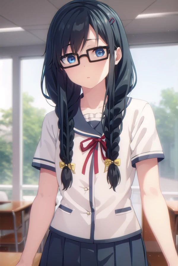 sumirekosanshokuin, <lora:sumireko sanshokuin s1-lora-nochekaiser:1>,
sumireko sanshokuin, long hair, black hair, blue eyes,
BREAK hair ornament, braid, glasses, twin braids, black-framed eyewear, skirt, hair ornament, school uniform, serafuku, black skirt, long skirt,
BREAK indoors, classroom,
BREAK looking at viewer, (cowboy shot:1.5),
BREAK <lyco:GoodHands-beta2:1>, (masterpiece:1.2), best quality, high resolution, unity 8k wallpaper, (illustration:0.8), (beautiful detailed eyes:1.6), extremely detailed face, perfect lighting, extremely detailed CG, (perfect hands, perfect anatomy),