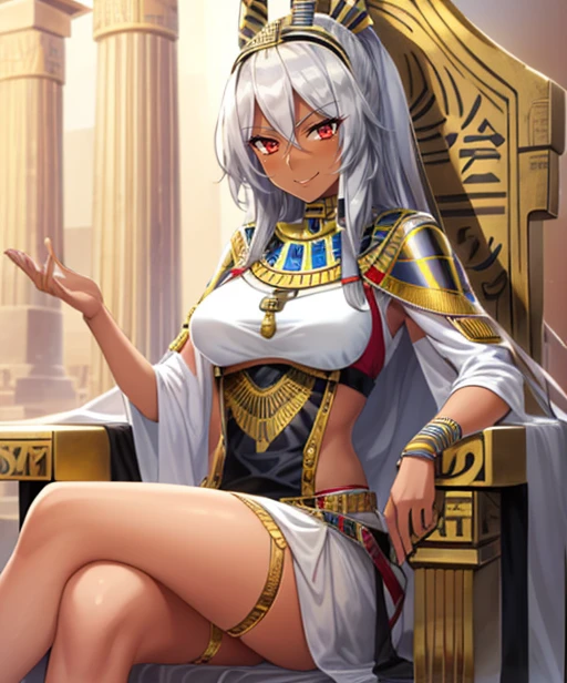 (adult woman), (1girl, solo), sitting on a throne, crossed legs, ((egyptian, pharaoh, dark skin)), (mischievous smirk, seductive smile), (silver hair), (red eyes), ((eqyptian temple)), ((best quality, high detail)), ((masterpiece)), <lora:1_koizumiamane_20e:1>