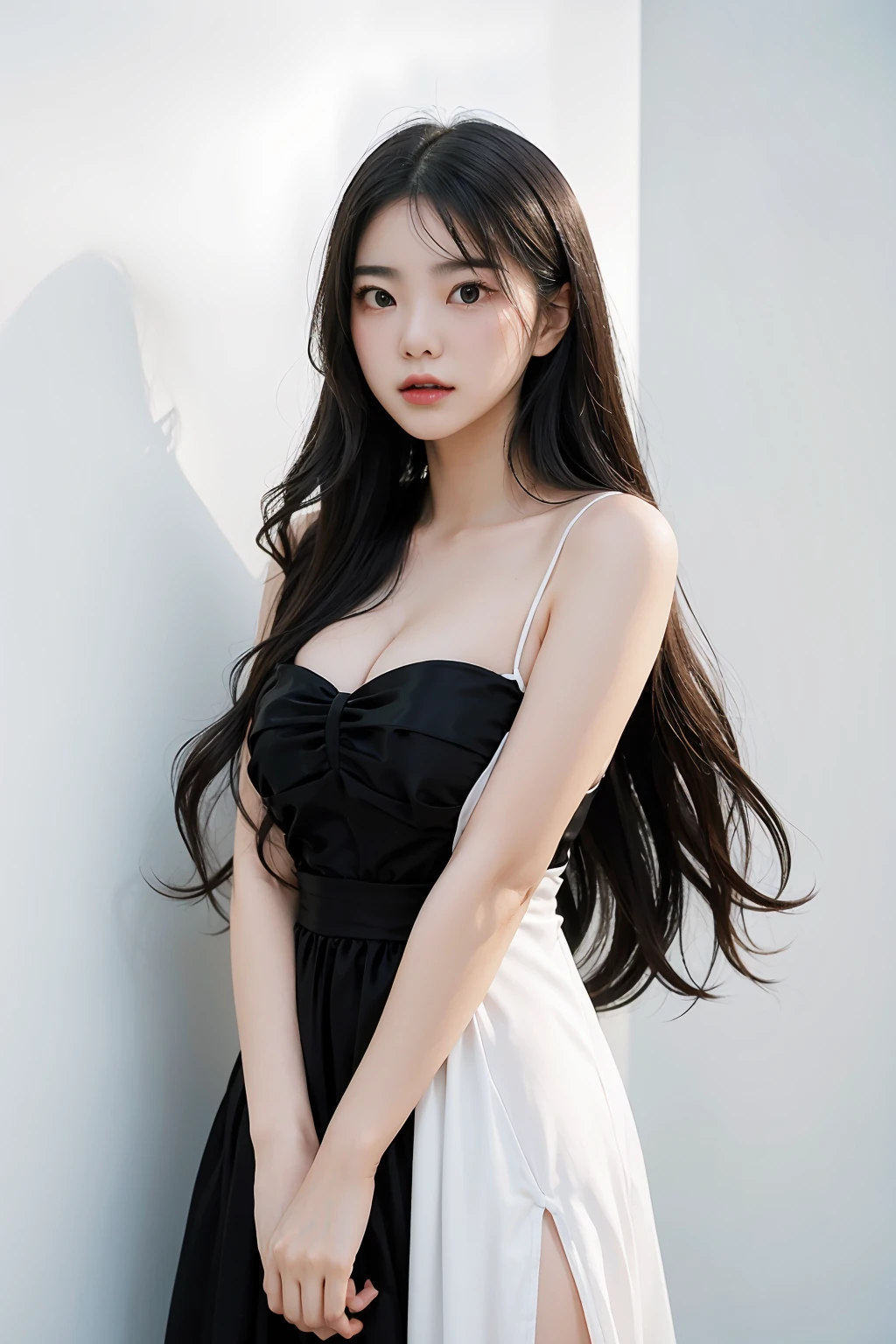 1girl, black formal long dress,white background, <lora:Wonderframe-04:1>
