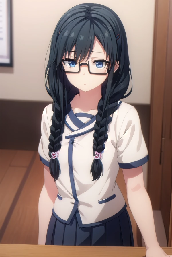 sumirekosanshokuin, <lora:sumireko sanshokuin s1-lora-nochekaiser:1>,
sumireko sanshokuin, long hair, black hair, blue eyes,
BREAK hair ornament, braid, glasses, twin braids, black-framed eyewear, skirt, hair ornament, school uniform, serafuku, black skirt, long skirt,
BREAK indoors, classroom,
BREAK looking at viewer, (cowboy shot:1.5),
BREAK <lyco:GoodHands-beta2:1>, (masterpiece:1.2), best quality, high resolution, unity 8k wallpaper, (illustration:0.8), (beautiful detailed eyes:1.6), extremely detailed face, perfect lighting, extremely detailed CG, (perfect hands, perfect anatomy),