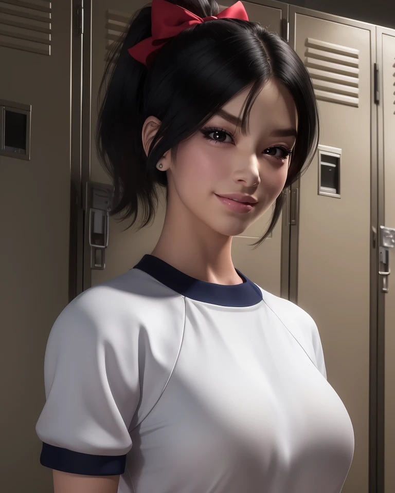 Kiyoranm,black hair,short ponytail,bangs,
gym uniform,short sleeves,
evil smile,
standing,upper body,
locker room,dim lighting,
(insanely detailed, beautiful detailed face, masterpiece, best quality),solo,<lora:KiyoranTsukahara:0.7>,