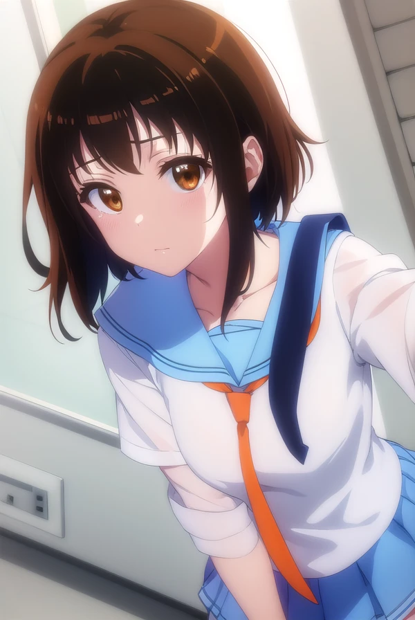 kosakionodera, <lora:kosaki onodera s2-lora-nochekaiser:1>,
kosaki onodera, short hair, bangs, brown hair, (brown eyes:1.3), short hair with long locks, asymmetrical hair,
BREAK skirt, shirt, thighhighs, school uniform, collarbone, white shirt, pleated skirt, necktie, serafuku, sailor collar, blue skirt, blue sailor collar, (orange necktie:1.2),
BREAK indoors, classroom,
BREAK looking at viewer, (cowboy shot:1.5),
BREAK <lyco:GoodHands-beta2:1>, (masterpiece:1.2), best quality, high resolution, unity 8k wallpaper, (illustration:0.8), (beautiful detailed eyes:1.6), extremely detailed face, perfect lighting, extremely detailed CG, (perfect hands, perfect anatomy),