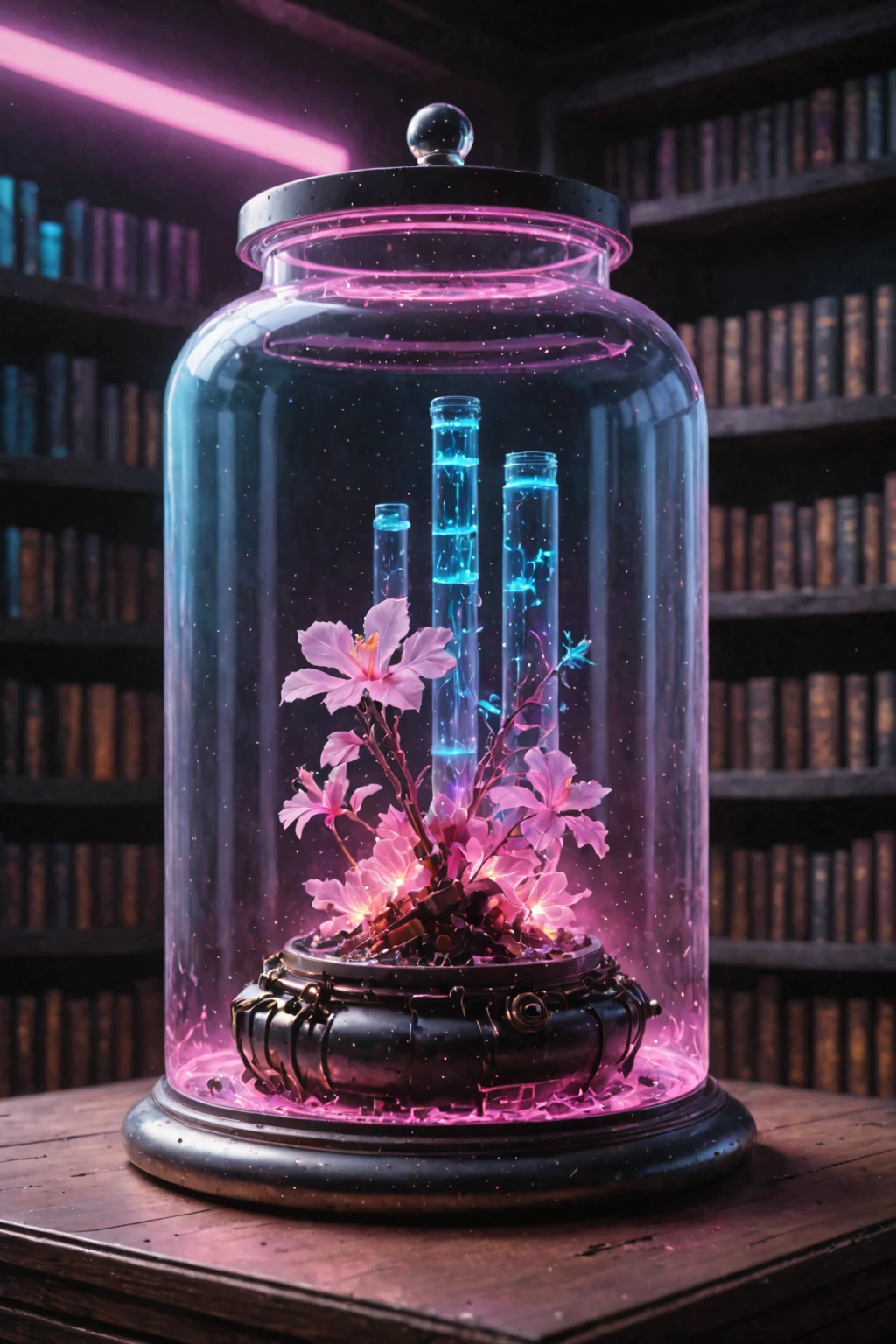 ultra realistic 8k cg, flawless, clean, masterpiece, professional artwork, famous artwork, cinematic lighting, cinematic bloom, (bookshelf background), a  vaporwave glass cyberpunk jar with a alchemy table inside,  <lora:Contained_Color_SDXL:1>