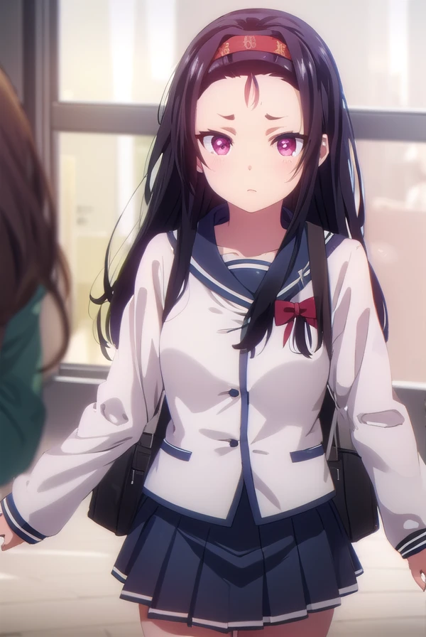 asakamayama, <lora:asaka mayama s1-lora-nochekaiser:1>,
asaka mayama, long hair, black hair, (red eyes:1.3), hairband, (forehead:1.5),
BREAK skirt, long sleeves, school uniform, pleated skirt, serafuku,
BREAK indoors, classroom,
BREAK looking at viewer, (cowboy shot:1.5),
BREAK <lyco:GoodHands-beta2:1>, (masterpiece:1.2), best quality, high resolution, unity 8k wallpaper, (illustration:0.8), (beautiful detailed eyes:1.6), extremely detailed face, perfect lighting, extremely detailed CG, (perfect hands, perfect anatomy),