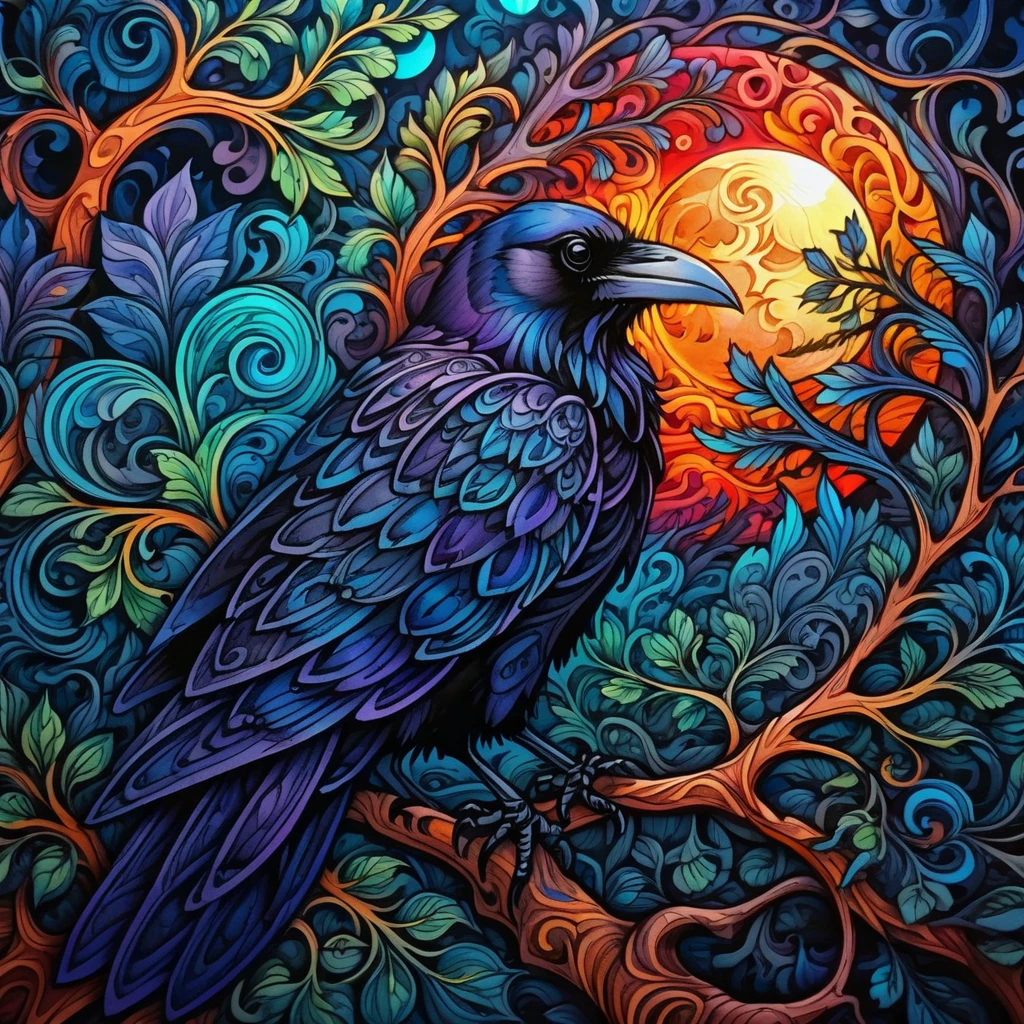 close shot beautiful raven on a tree branch, full moon in background, backlit, vivid colors, vibrant colors, intricate details, intricate line drawing, masterpiece <lora:zenodoXL:.6>