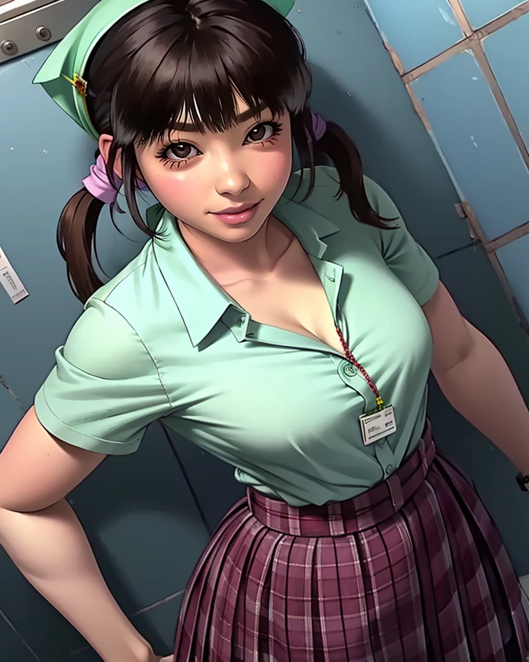 Ono,black eyes,brown hair,twintails bangs,
green buttoned  shirt,small name tag,hair bandana,short sleeves,pleated skirt,
standing,upper body,nervous smile,cleavage, blush, from above, 
public restoom,
(insanely detailed, beautiful detailed face, masterpiece, best quality),solo,<lora:OnoHana:0.8>,