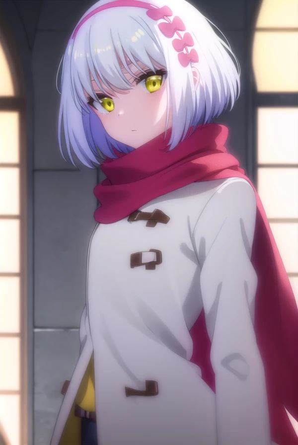 paulamccoy, <lora:paula mccoy s2-lora-nochekaiser:1>,
paula mccoy, short hair, bow, (yellow eyes:1.3), white hair, hair bow, hairband,
BREAK scarf, red scarf, coat, long sleeves, wide sleeves, white coat,
BREAK indoors, classroom,
BREAK looking at viewer, (cowboy shot:1.5),
BREAK <lyco:GoodHands-beta2:1>, (masterpiece:1.2), best quality, high resolution, unity 8k wallpaper, (illustration:0.8), (beautiful detailed eyes:1.6), extremely detailed face, perfect lighting, extremely detailed CG, (perfect hands, perfect anatomy),