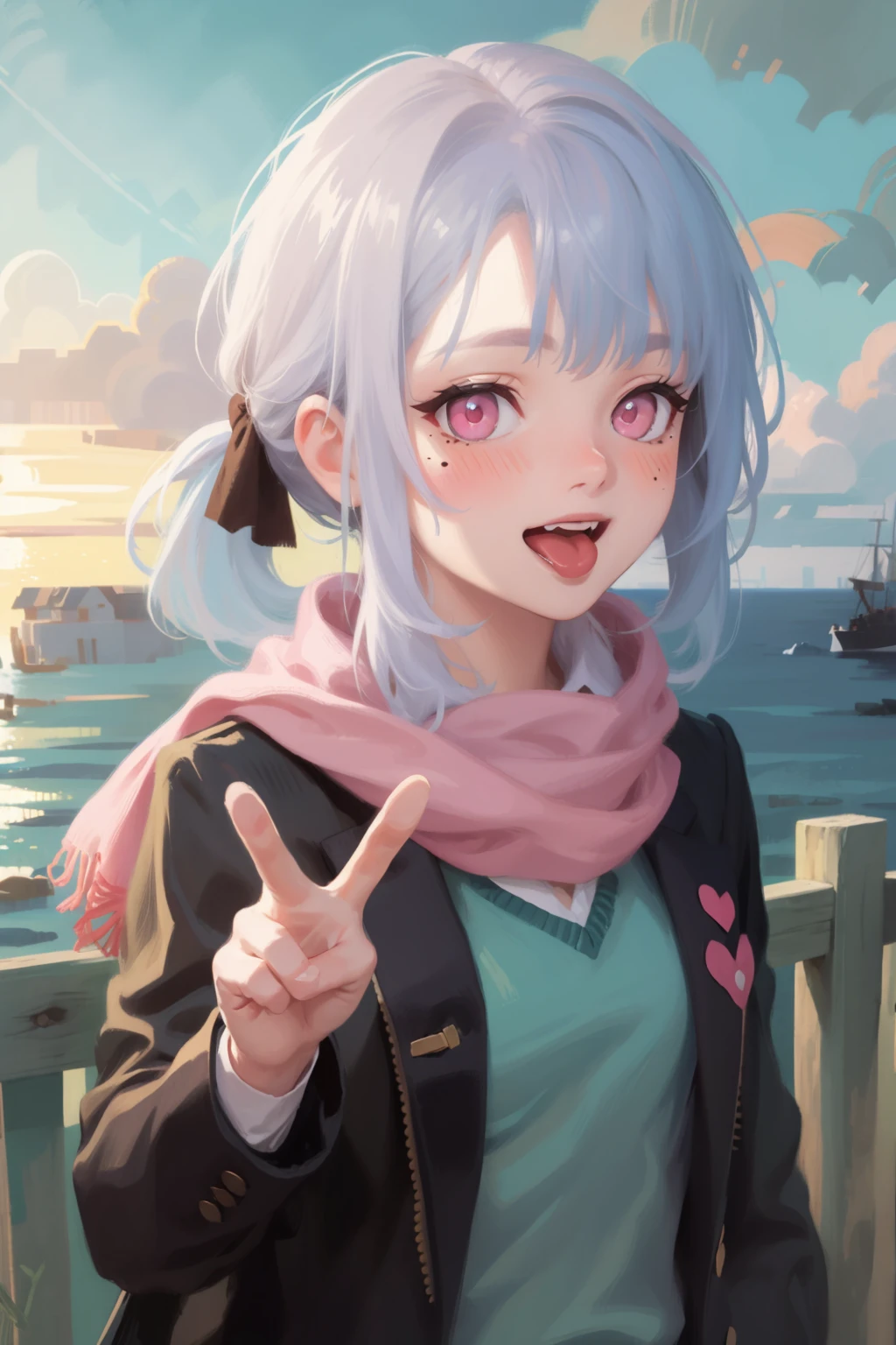 masterpiece, best quality, ZaUm, landscape, dawn, dappled sunlight, oceanside, wooden fence, texture, 
1girl, standing, solo, upper body, face focus, :d, upper teeth only, peace sign, tongue, pink eyes, light blue hair, side ponytail, blush, eyelashes, eyeliner, mole under eye, scarf, jacket, two-tone hair, 
<lora:DiscoElysium_v2:2>