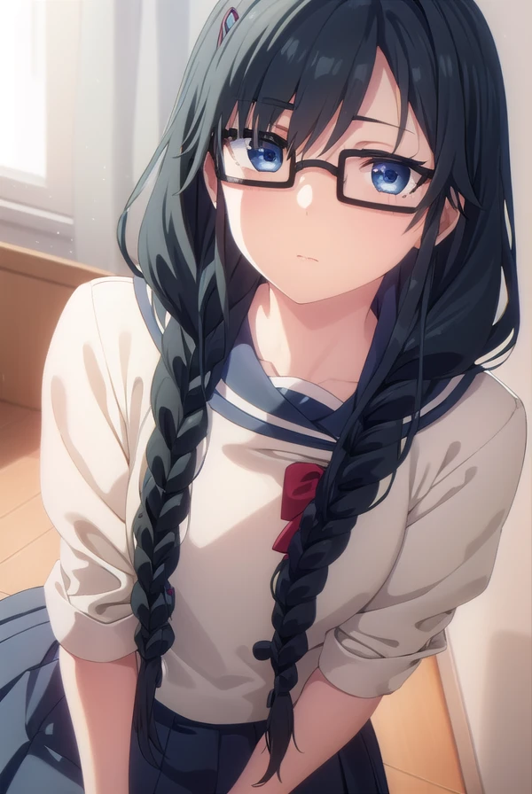 sumirekosanshokuin, <lora:sumireko sanshokuin s1-lora-nochekaiser:1>,
sumireko sanshokuin, long hair, black hair, blue eyes,
BREAK hair ornament, braid, glasses, twin braids, black-framed eyewear, skirt, hair ornament, school uniform, serafuku, black skirt, long skirt,
BREAK indoors, classroom,
BREAK looking at viewer, (cowboy shot:1.5),
BREAK <lyco:GoodHands-beta2:1>, (masterpiece:1.2), best quality, high resolution, unity 8k wallpaper, (illustration:0.8), (beautiful detailed eyes:1.6), extremely detailed face, perfect lighting, extremely detailed CG, (perfect hands, perfect anatomy),