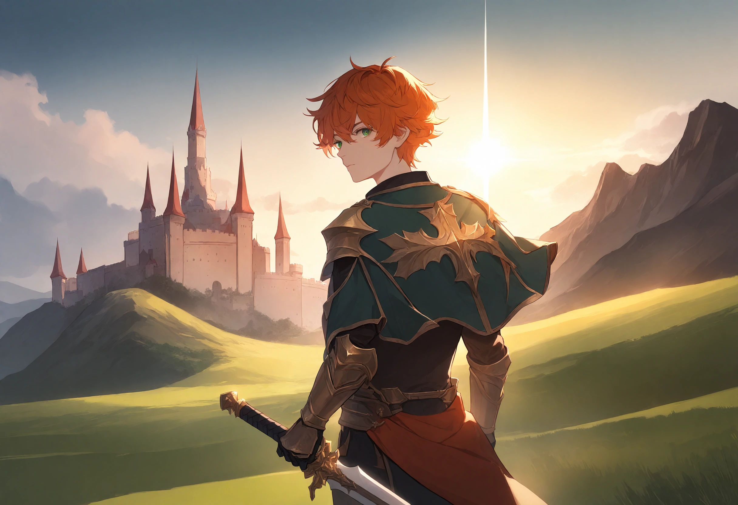 1boy, solo, male focus, weapon, holding weapon, holding sword, sword, gloves, armor, capelet, gauntlets, short hair, orange hair, green eyes, looking back, scenery, sky, cloud, castle, outdoors, lens flare, best quality, amazing quality, best aesthetic, absurdres, year 2023