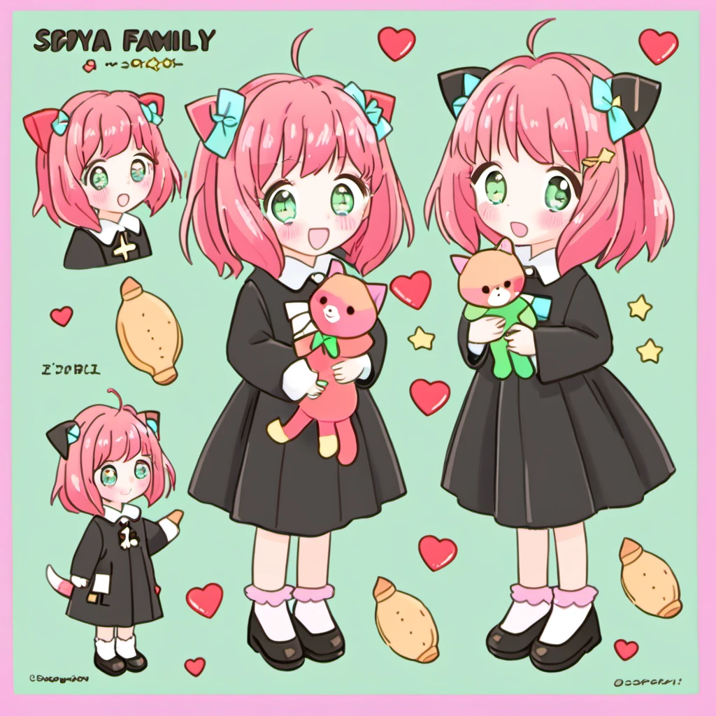 <lora:cartoon_stickers_xl_v1:0.9>,
a drawing of a girl with pink hair holding a cat and a cat doll with hearts around her neck,1girl,looking_at_viewer,blush,smile,short_hair,open_mouth,bangs,simple_background,long_sleeves,dress,bow,ribbon,holding,green_eyes,full_body,closed_eyes,pink_hair,ahoge,:d,heart,food,horns,shoes,socks,medium_hair,twitter_username,star_\(symbol\),black_footwear,:o,black_dress,english_text,sparkle,multiple_views,stuffed_toy,stuffed_animal,child,female_child,bread,bobby_socks,holding_stuffed_toy,sparkling_eyes,hairpods,taiyaki,baguette,melon_bread,anya_\(spy_x_family\),closed_mouth,standing,bowtie,character_name,white_socks,shaded_face,mary_janes,+_+,expressions,