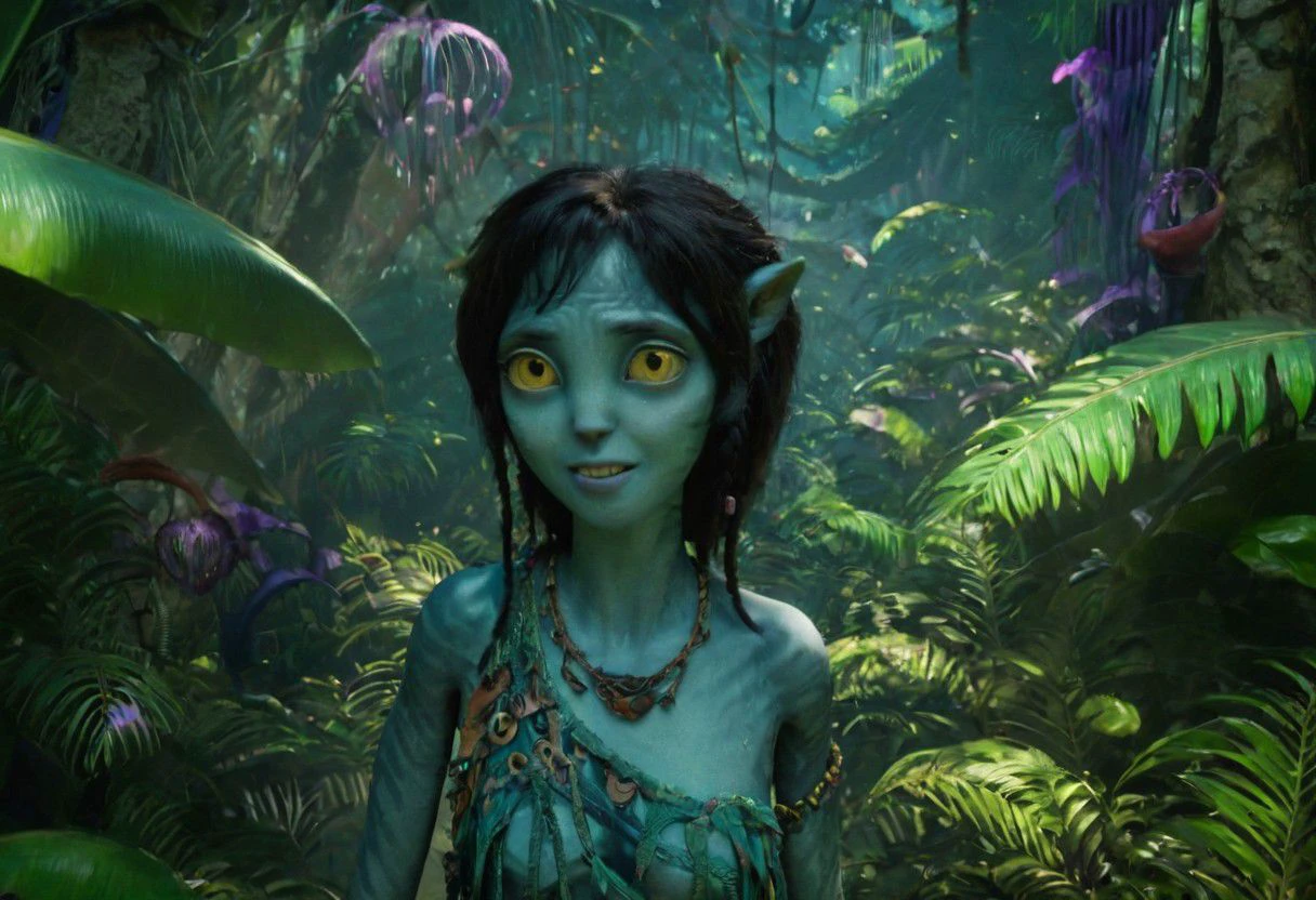Kiri is posing for portrait, along in jungle, closeup, [[[big eyes wide open]]], wide heavy necklace with thick pieces, SK_CINEMATIC