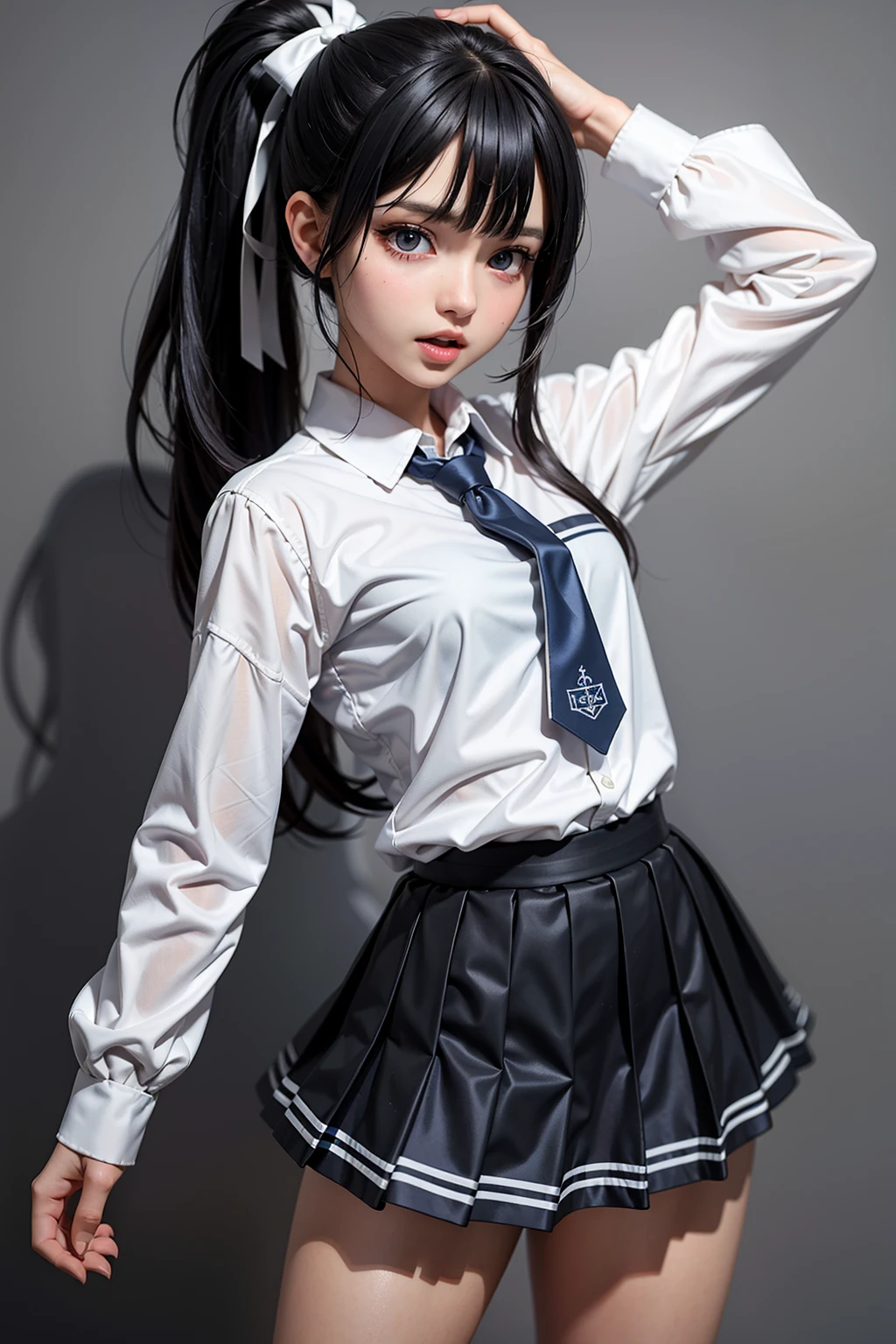 (masterpiece, best quality, absurdres, official art, best softness, ultra detailed, :1.2),(perfect anatomy, perfect hands),(Petite facial features:1.0),thin eyebrows,
BREAK
(1girl), bangs, black hair, blue eyes, blue sailor collar, cosplay, crossover, gakuran, grey background, hair ribbon, hand up, heart, highres, kantai collection, long hair, looking at viewer, necktie, open mouth, parody, pleated skirt, ponytail