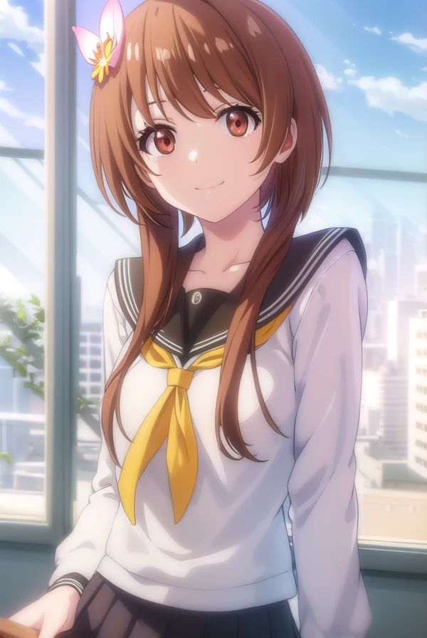 marikatachibana, <lora:marika tachibana s2-lora-nochekaiser:1>,
marika tachibana, long hair, brown hair, hair ornament, (brown eyes:1.5), flower, sidelocks, hair flower, short hair with long locks, smile, grin,
BREAK skirt, long sleeves, school uniform, serafuku, black skirt,
BREAK indoors, classroom,
BREAK looking at viewer, (cowboy shot:1.5),
BREAK <lyco:GoodHands-beta2:1>, (masterpiece:1.2), best quality, high resolution, unity 8k wallpaper, (illustration:0.8), (beautiful detailed eyes:1.6), extremely detailed face, perfect lighting, extremely detailed CG, (perfect hands, perfect anatomy),