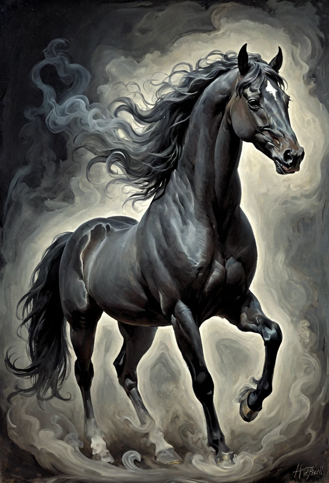 Detailed speed painting, a dark mare, horse formed out of nightly vaporous smokes, a true nightmare, nightmarish atmosphere, ghostly, ethereal, sensuous, intricate detailing, masterpiece, flowing strokes, amazing colors, insane resolution, art by Henry Fuseli