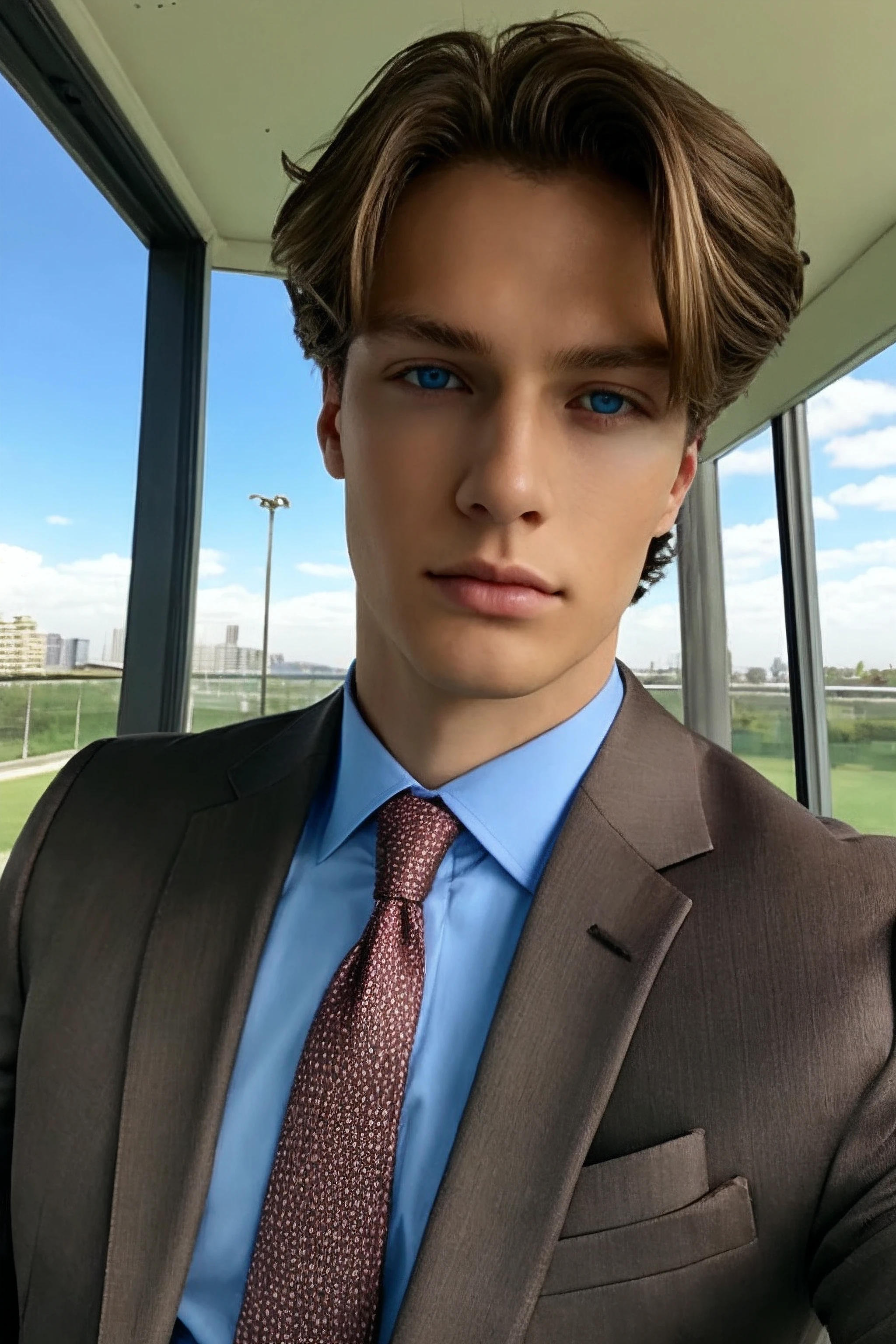 selfie shot pov, curtainpartedhair, (young man), brown hair, blue eyes, suit, park, <lora:curtainpartedhair:0.7>