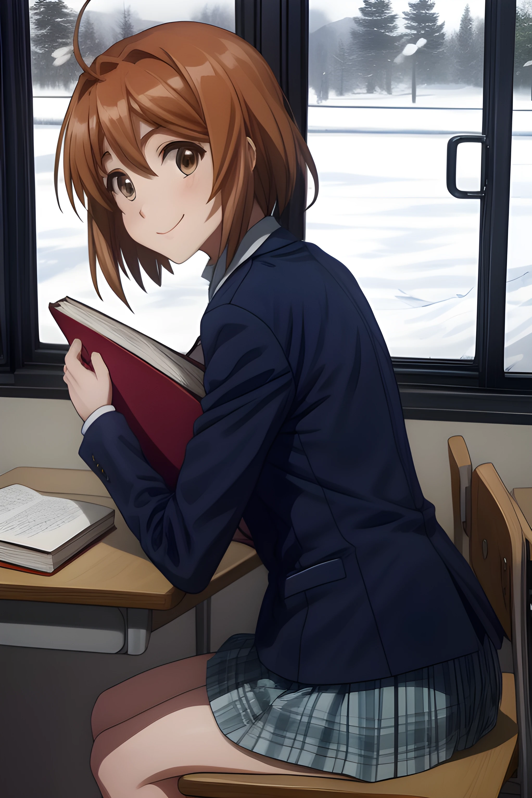 highres, perfect anatomy, nice hands, perfect hands, solo, HinakoKominato, short hair, brown hair, brown eyes, white dress shirt, dark blue jacket, suit jacket, green skirt, average skirt, stockings, tiny breasts, looking at viewer, cute smile, sitting, in a Japanese classroom, window, Kyoto view, chalkboard, books, teacher's desk, student's desks, snow, midday, snowing weather, dynamic angle, <lora:more_details:1>,
