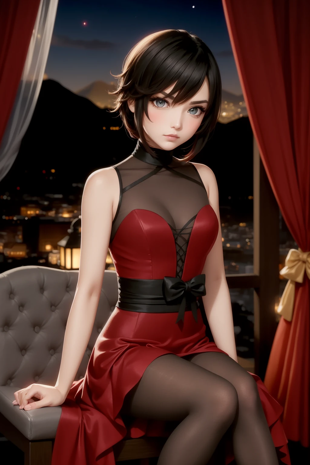 solo, <lora:RubyDance:1> rubyddi, grey eyes, black gradient hair, dress, pantyhose, high heels, bow, sitting, chair, ballroom, night, distant mountains, curtains, embarrassed, blushing, annoyed,