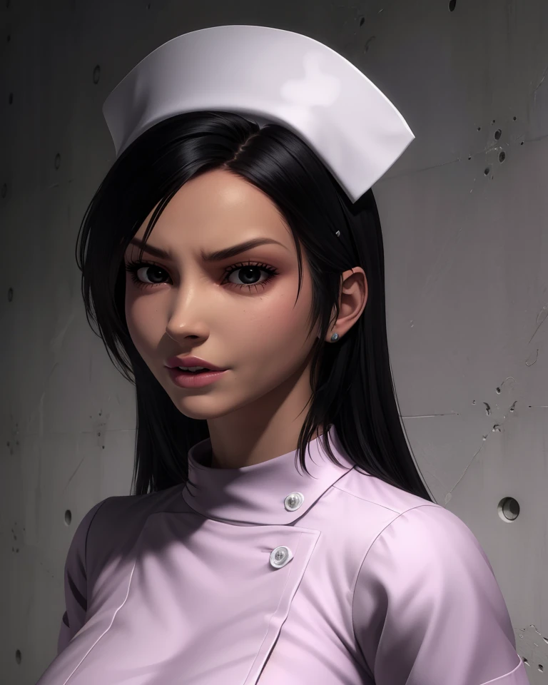 Rokuhato,black hair,black eyes,long hair,
pink nurse,nurse cap,serious,
standing,upper body,
hospital,
(insanely detailed, beautiful detailed face, masterpiece, best quality),solo,<lora:RokuhatoChiha:0.7>,