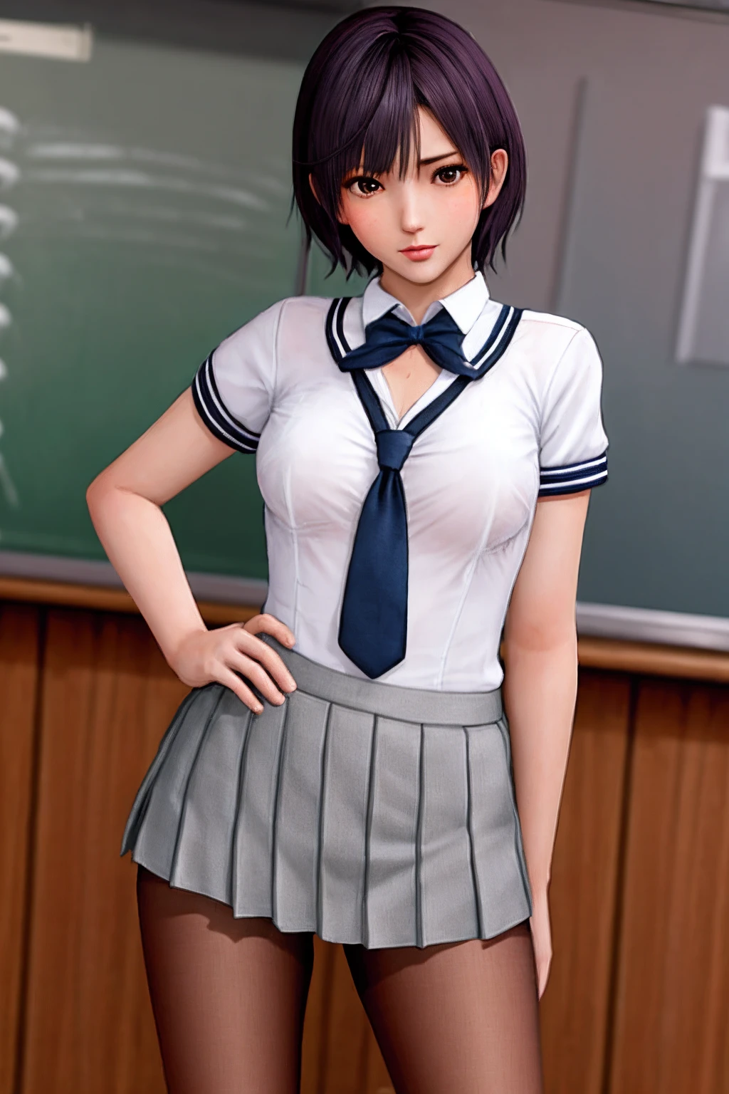 masterpiece, best quality, 1girl, nagisa, small breasts, short hair, school uniform, pantyhose, <lora:doaxvv_nagisa_v3.0-000018:0.7>