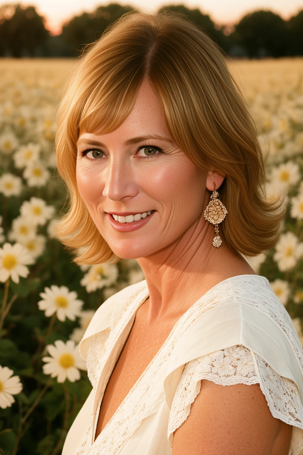 a RAW photo, (closeup:0.8) portrait of cheyanne, wrinkles, mature woman, white lace outfit, flower field, golden hour, intricate details, masterpiece, 8k, highly detailed <lora:Cheyanne:1>