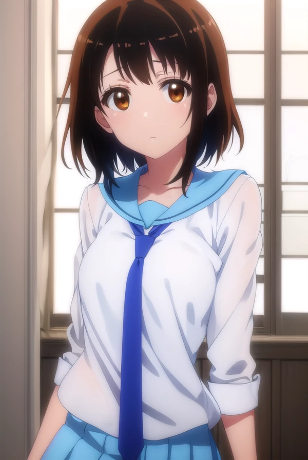 kosakionodera, <lora:kosaki onodera s2-lora-nochekaiser:1>,
kosaki onodera, short hair, bangs, brown hair, (brown eyes:1.3), short hair with long locks, asymmetrical hair,
BREAK skirt, shirt, thighhighs, school uniform, collarbone, white shirt, pleated skirt, necktie, serafuku, sailor collar, blue skirt, blue sailor collar, (orange necktie:1.2),
BREAK indoors, classroom,
BREAK looking at viewer, (cowboy shot:1.5),
BREAK <lyco:GoodHands-beta2:1>, (masterpiece:1.2), best quality, high resolution, unity 8k wallpaper, (illustration:0.8), (beautiful detailed eyes:1.6), extremely detailed face, perfect lighting, extremely detailed CG, (perfect hands, perfect anatomy),