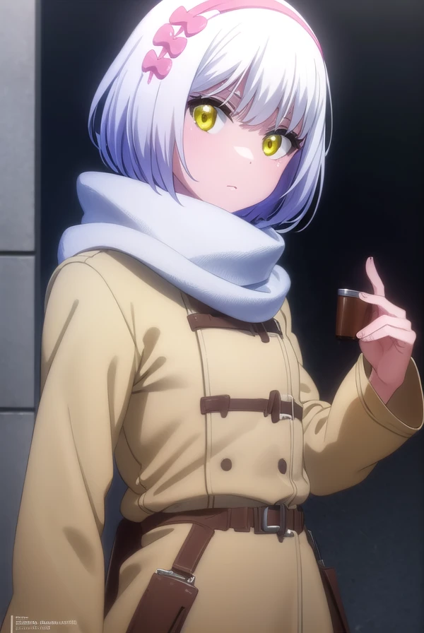 paulamccoy, <lora:paula mccoy s2-lora-nochekaiser:1>,
paula mccoy, short hair, bow, (yellow eyes:1.3), white hair, hair bow, hairband,
BREAK scarf, red scarf, coat, long sleeves, wide sleeves, white coat,
BREAK indoors, classroom,
BREAK looking at viewer, (cowboy shot:1.5),
BREAK <lyco:GoodHands-beta2:1>, (masterpiece:1.2), best quality, high resolution, unity 8k wallpaper, (illustration:0.8), (beautiful detailed eyes:1.6), extremely detailed face, perfect lighting, extremely detailed CG, (perfect hands, perfect anatomy),