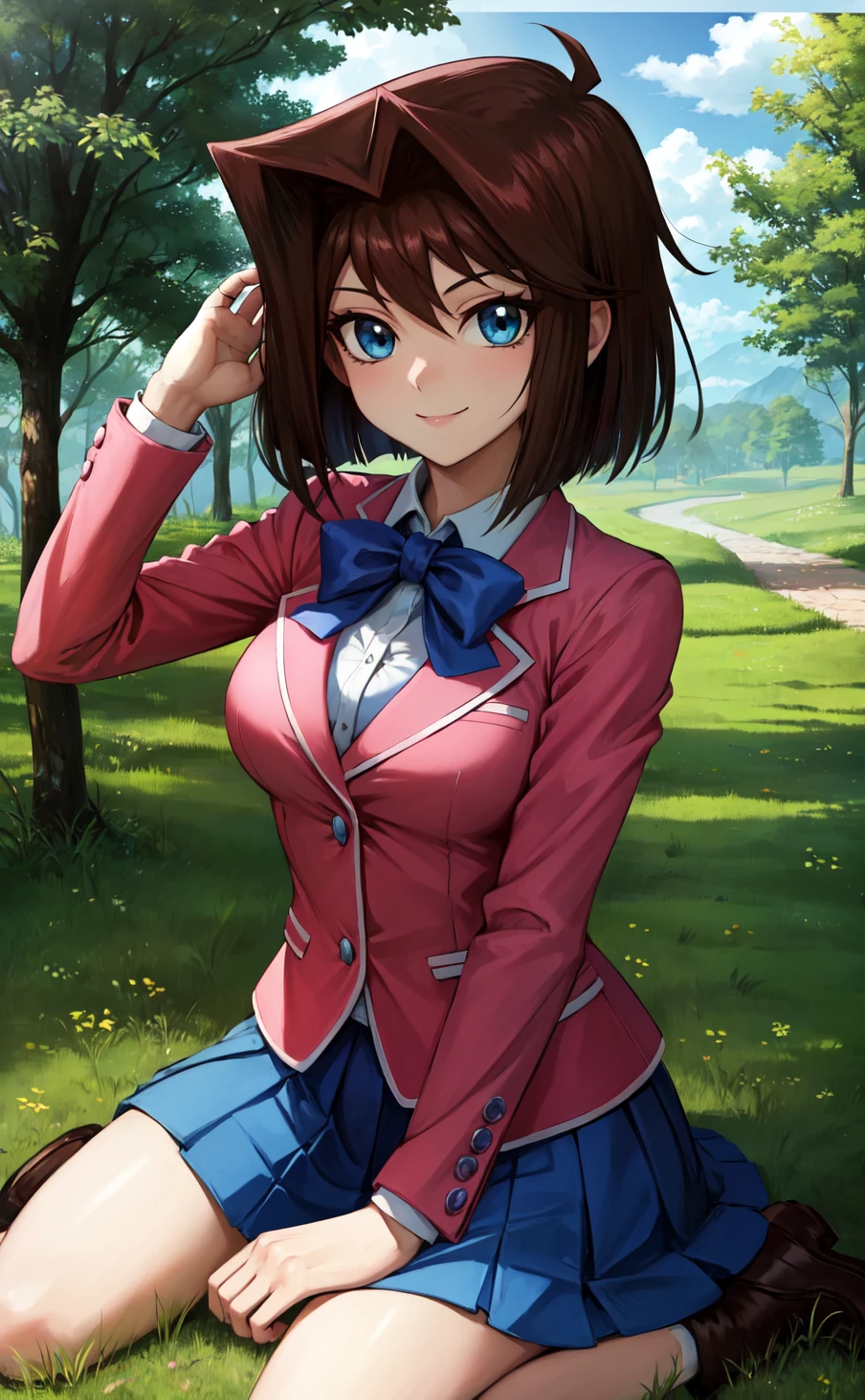 masterpiece, best quality, highres,
AnzuDef, 1girl, solo, breasts, smile, short hair, blue eyes, large breasts, brown hair,
skirt, shirt, long sleeves, bow, school uniform, jacket, white shirt, pleated skirt, collared shirt, miniskirt, bowtie, blurry, blue skirt, blue bow, blazer, impossible clothes, blue bowtie, pink jacket, yu-gi-oh!,
<lora:LoRA_Anzu:1>, wariza, looking at viewer, outdoors, grass, field, forest, sunlight, cloudy, laughing,