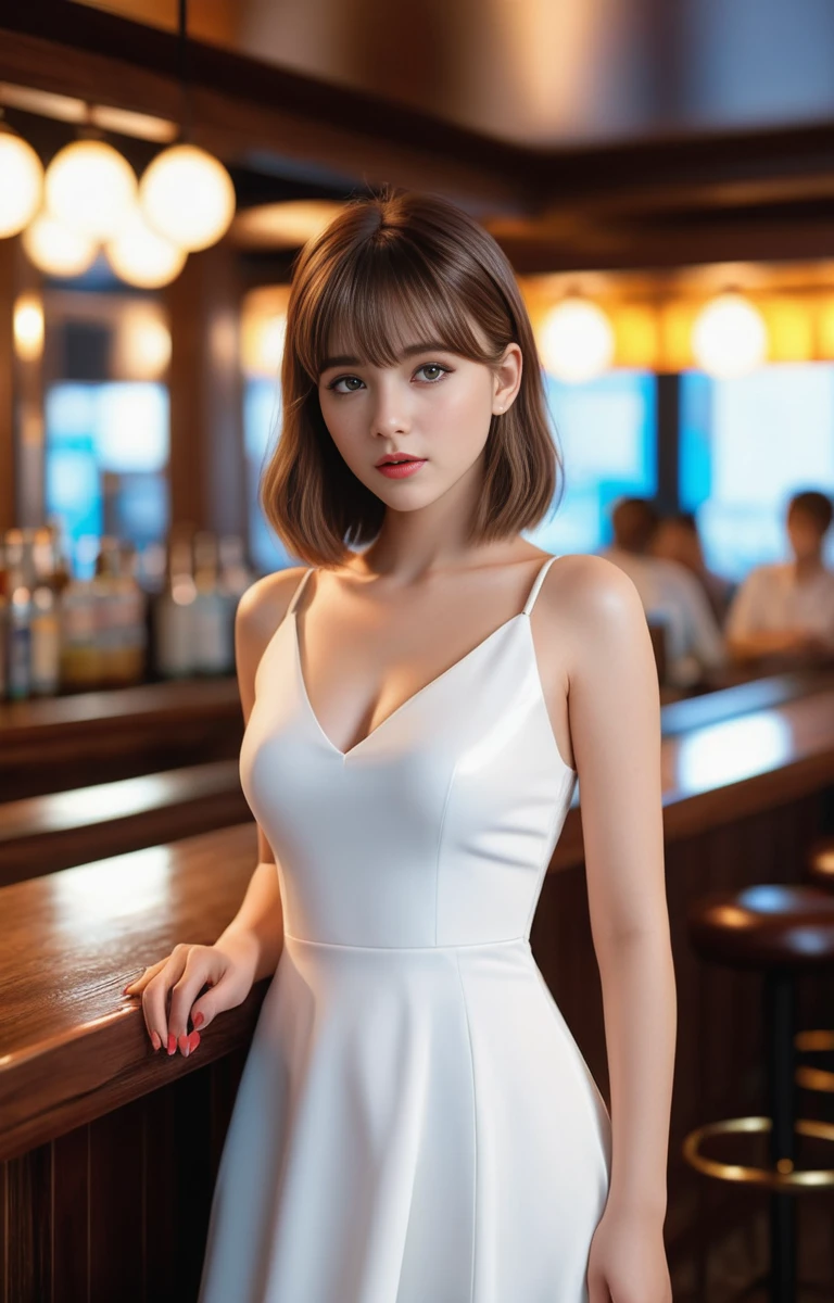 a photo of IO person, woman, solo, alone, 1girl,
a beautiful 25 years old beautiful girl, perfect body,8K skin,kawaii,
(masterpiece:1.2),(realistic, photo-realistic:1.56),sharp,
extremely detailed,depth of field,physically-based rendering,high detail,real-world lighting, (high detailed skin), (Spiral brown hair long:1.15),(ultra-detailed_blunt bangs shiny gradient) ,
wearing a white dress, ((in a bar)), looking at camera, (FULL-BODY shot),