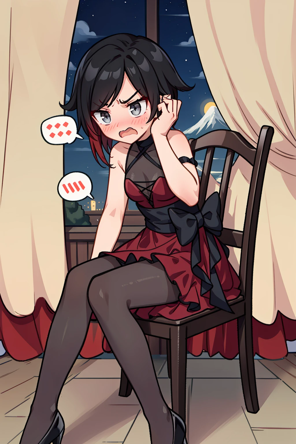 solo,<lora:RubyDance2-05:1>, ddirose, ruby rose, grey eyes, black hair, gradient hair,dress, pantyhose, high heels, bow, sitting, chair, ballroom, night, distant mountains, curtains, embarrassed, blushing, ((spoken anger vein)), annoyed,