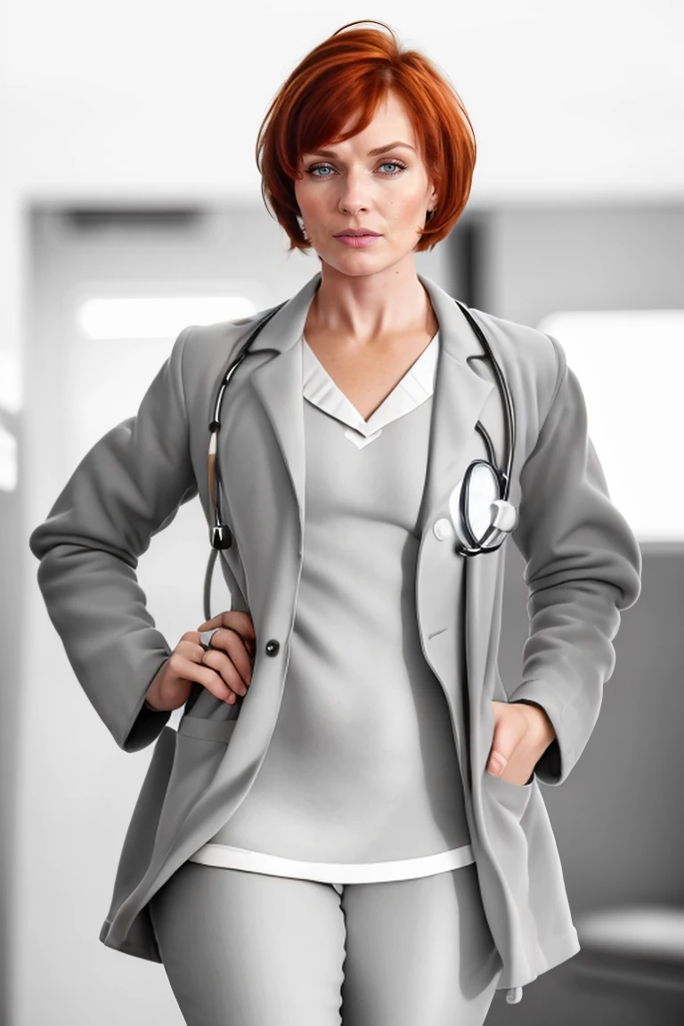 masterpiece, best quality, cute, ultra-detailed, high res, (highly detailed:1.3), perfect face feature, <lora:Wolvie_NatakMinoglia_v3:1> natakminoglia, woman, realistic, redhead, short hair, blunt bangs, grey business suit, doctor, white doctor's coat, stethoscope, holding a syringe, in a clinic
